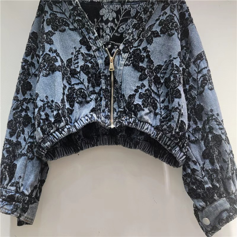 Women'S Fashion Denim Jacket - Giacca di Jeans Corta Jacquard alla