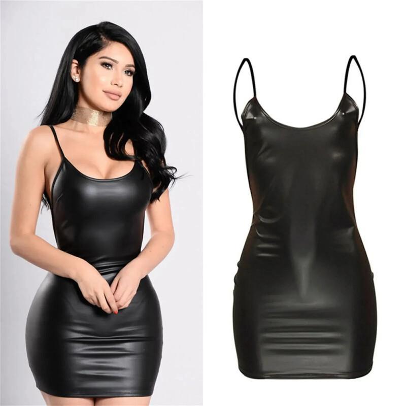 Bodycon Dress Women - Vestito Mini Bodycon Nero in Ecopelle